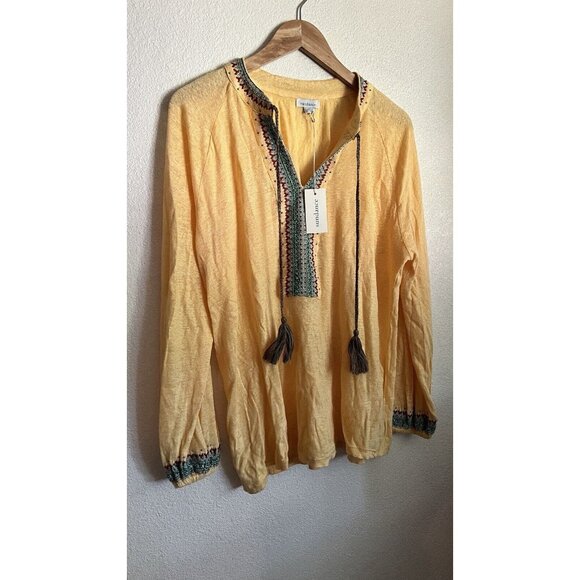 Sundance Catalog Tops - Sundance Catalog Embroidered Top Yellow Beaded Tassel Linen Long Sleeve, Large